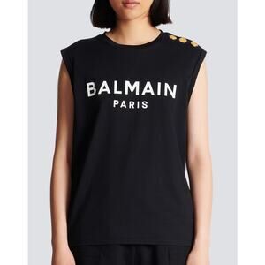 NWT BALMAIN Organic Cotton Logo Tank Top Gold Buttons Sz S